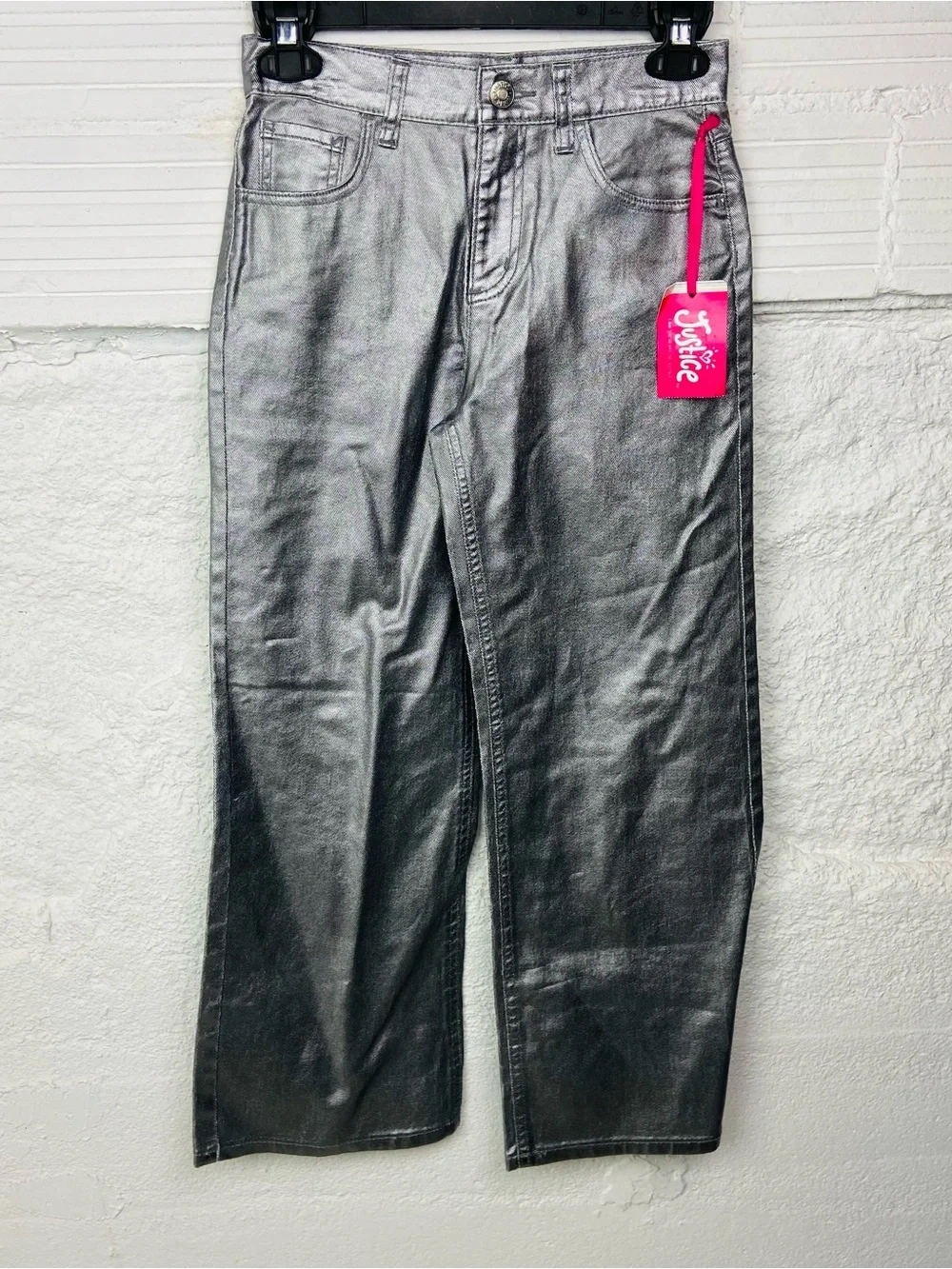 NWT Justice Metallic Silver wide-Leg denim stretch Pants size 10
